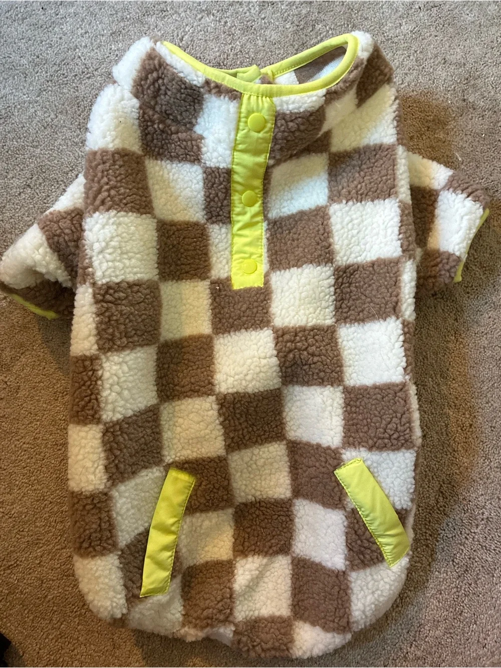 Plush Brown & White Check Sherpa Dog Vest with Yellow Trim
